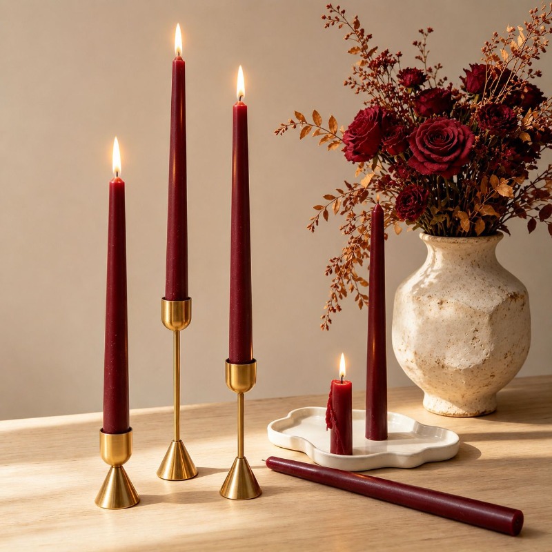Silk Candle - Бордовые конические свечи, длинные, бездымные, без